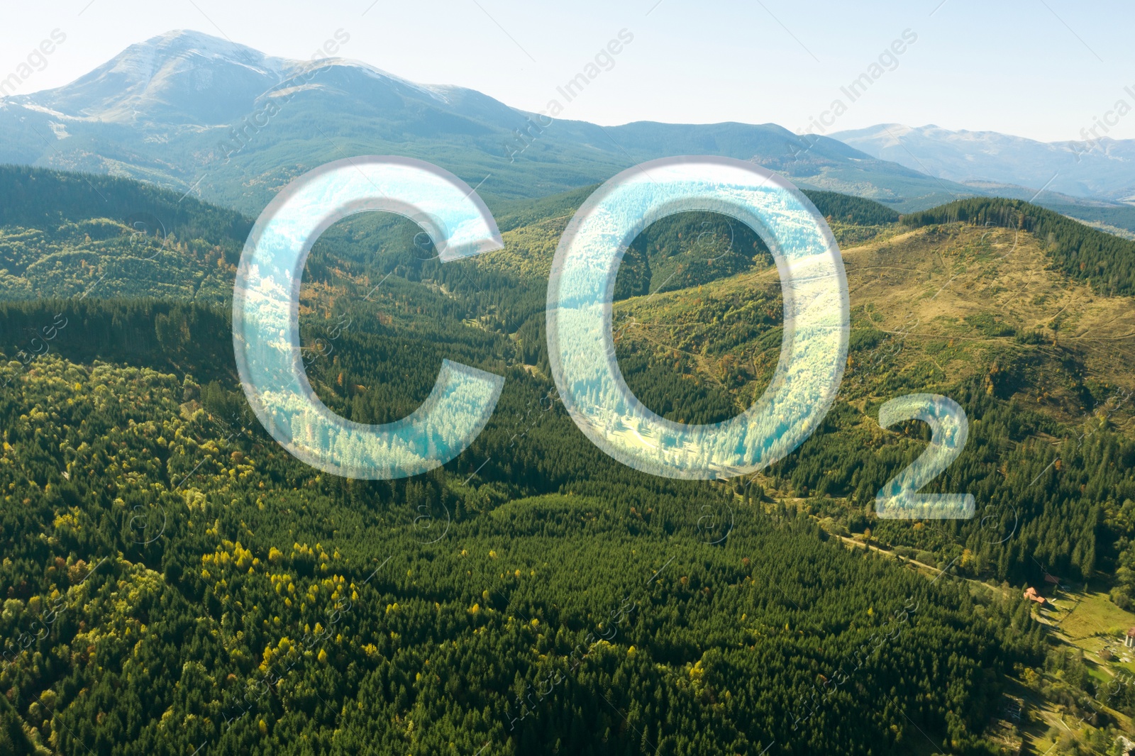 Image of Concept of clear air. CO2 inscription and beautiful mountain landscape