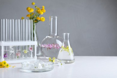 Photo of Laboratory glassware with flowers on white wooden table. Extracting essential oil for perfumery and cosmetics