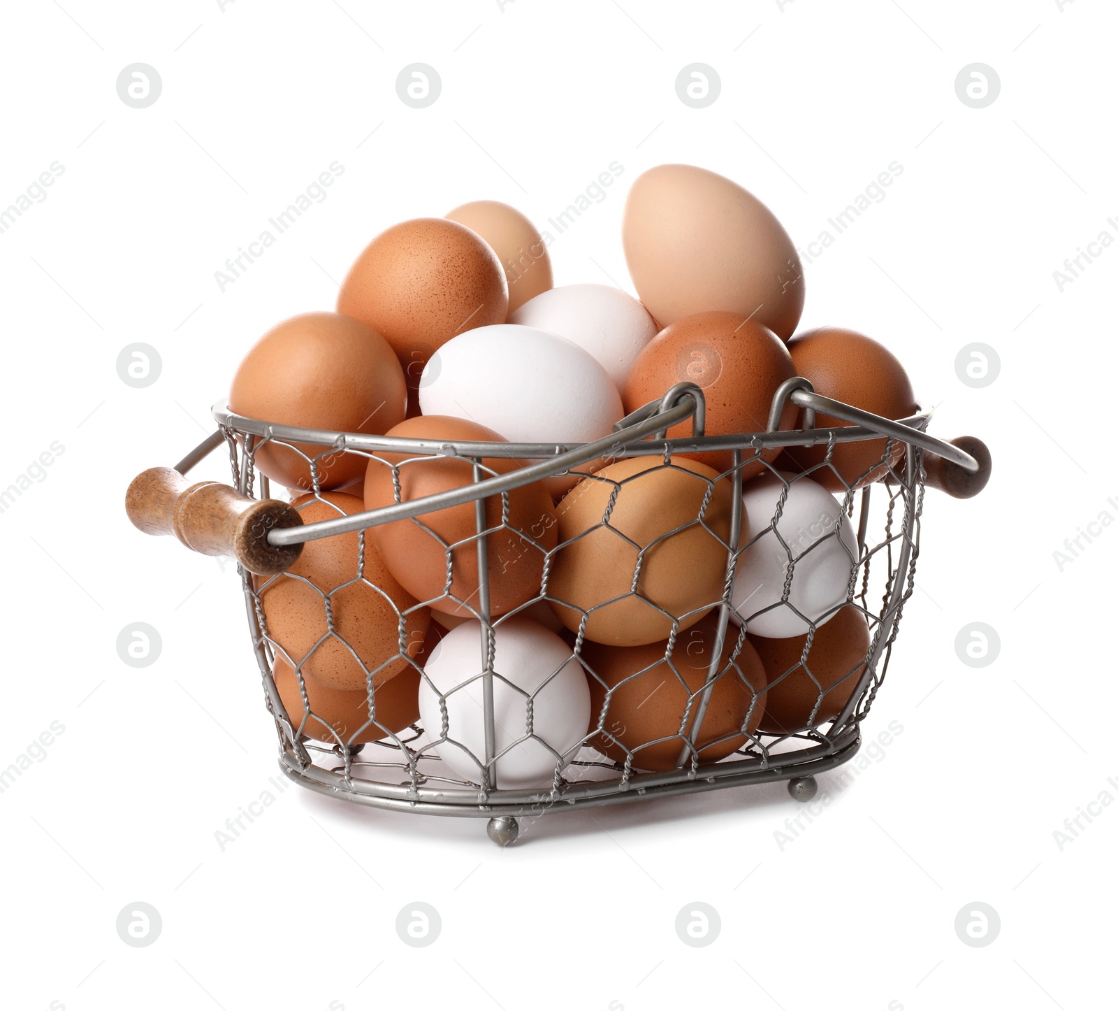 Photo of Fresh chicken eggs in metal basket isolated on white