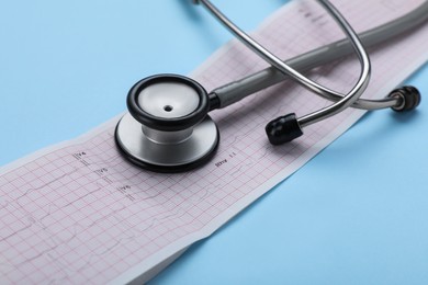 Photo of Stethoscope and cardiogram paper on light blue background, closeup