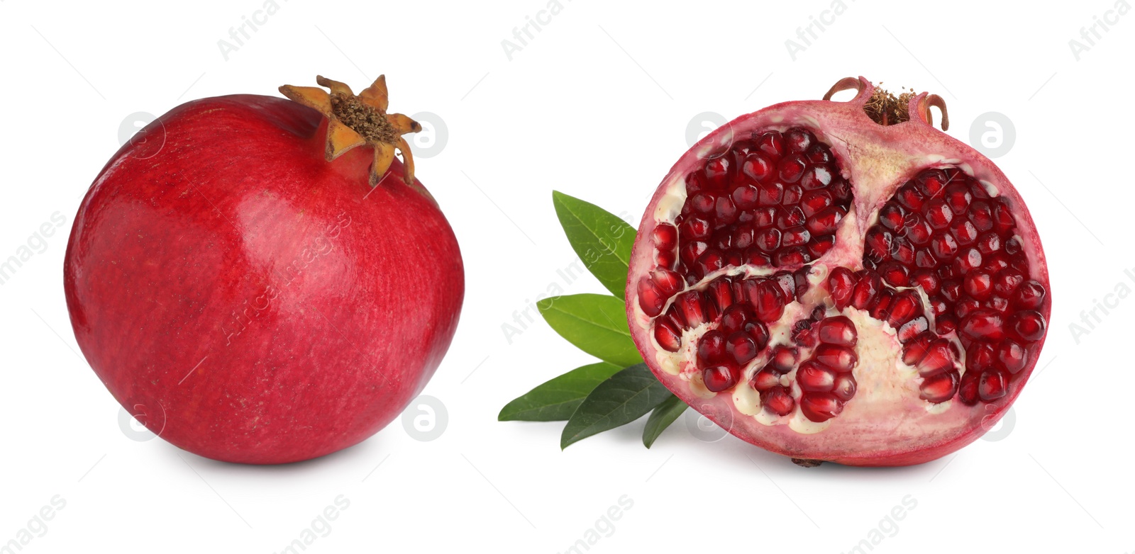 Image of Tasty ripe pomegranates on white background, collage. Banner design