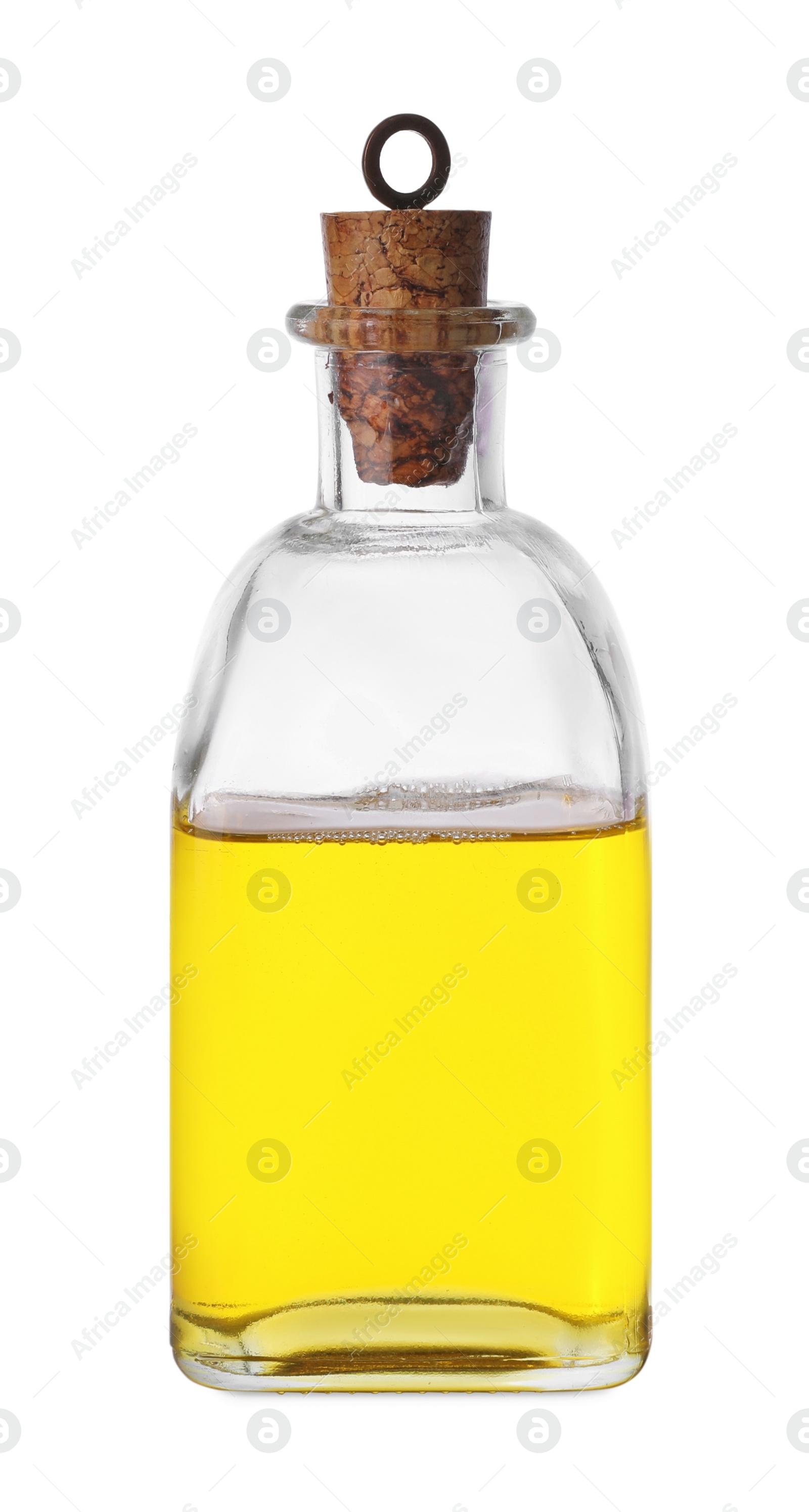 Photo of Glass jug of cooking oil isolated on white