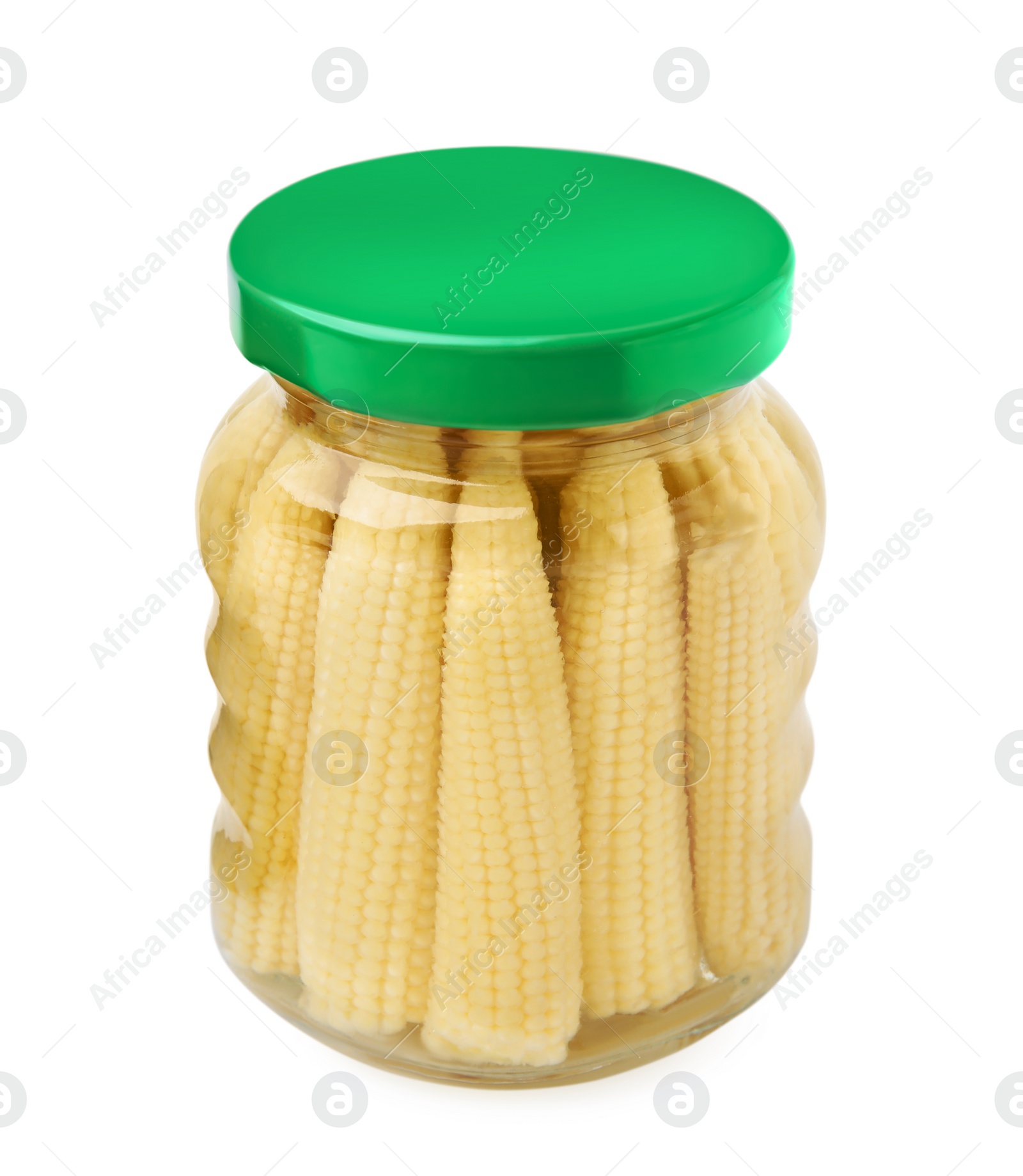 Photo of Jar of pickled baby corn isolated on white