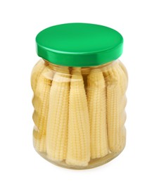 Jar of pickled baby corn isolated on white