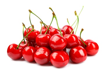 Heap of ripe sweet cherries on white background