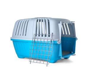 Light blue pet carrier isolated on white