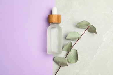 Photo of Bottle of face serum and eucalyptus branch on color background, flat lay