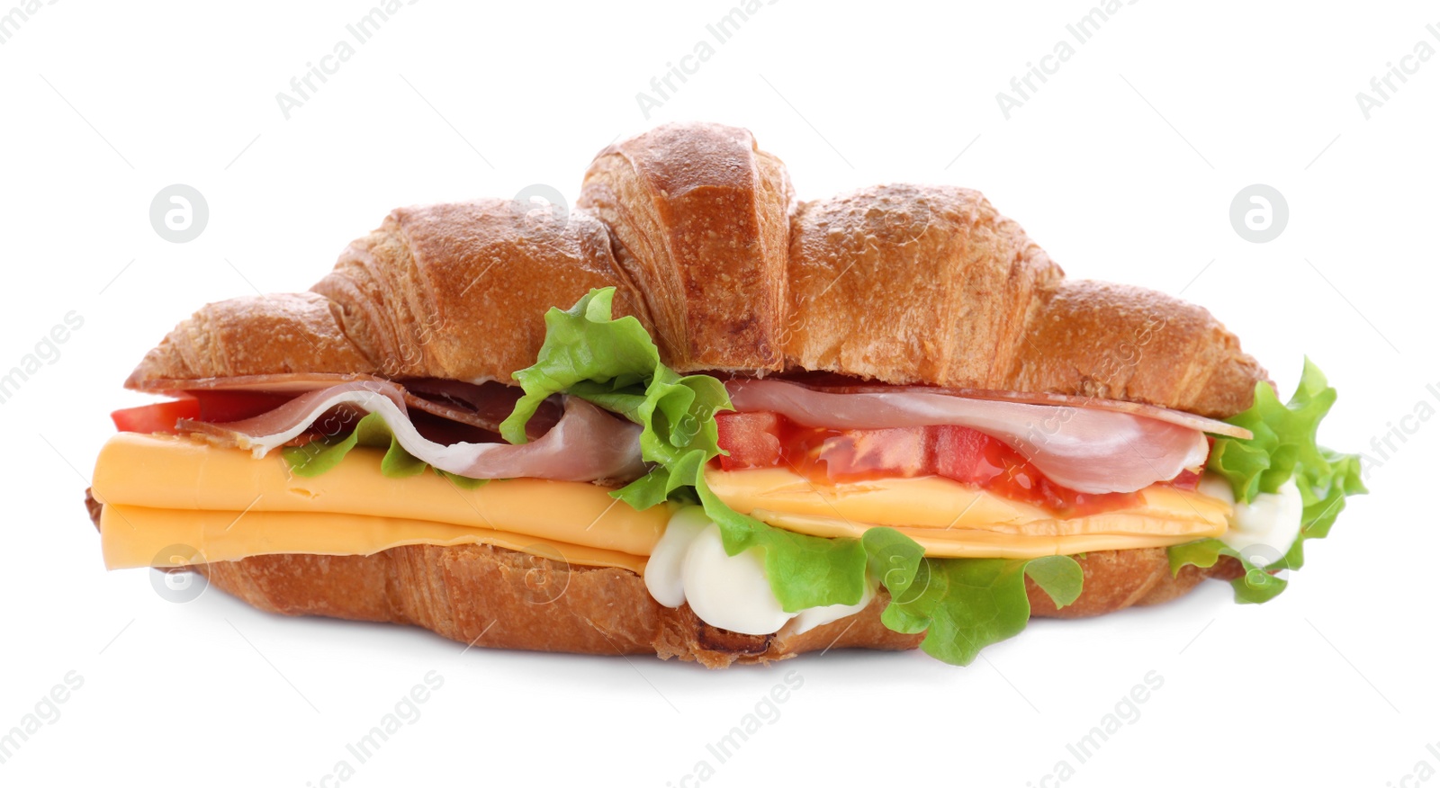 Photo of Tasty croissant sandwich with ham and cheese isolated on white