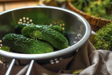 Fresh cucumbers in colander prepared for canning on table, closeup