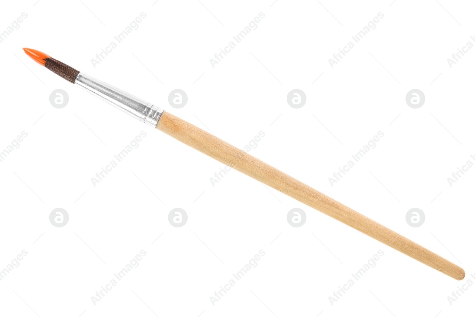 Photo of Brush with color paint on white background, top view