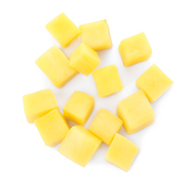 Tasty ripe mango cubes isolated on white, top view