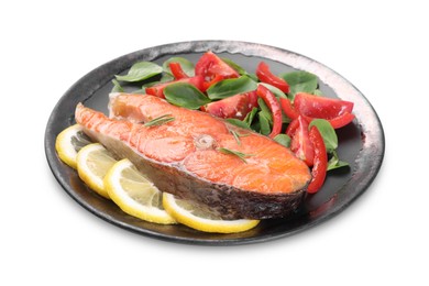 Photo of Healthy meal. Tasty grilled salmon with vegetables, lemon and spinach isolated on white