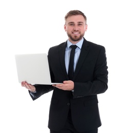 Happy young businessman holding laptop on white background