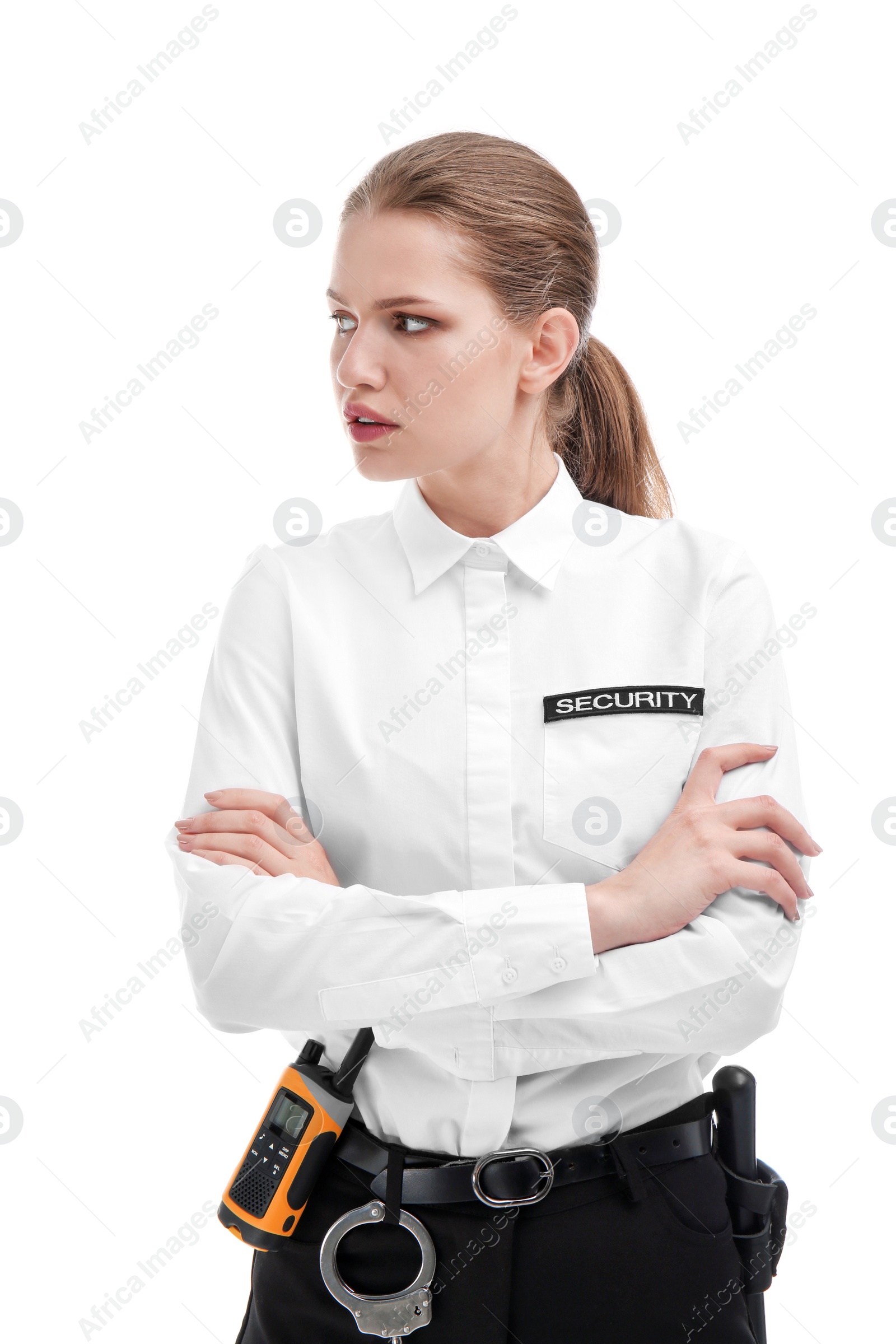 Photo of Female security guard in uniform on white background