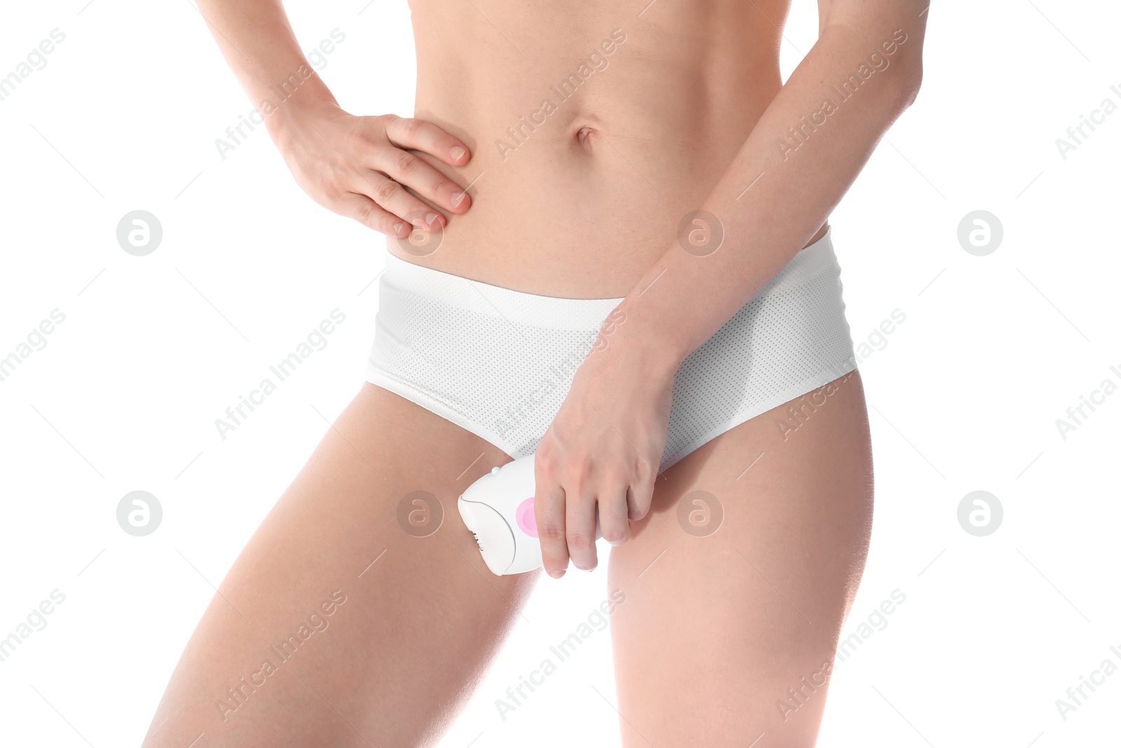 Photo of Young woman doing bikini epilation procedure on white background, closeup
