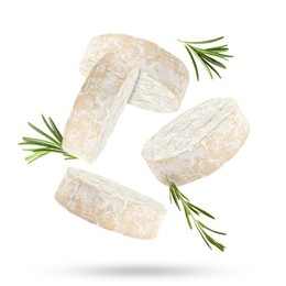 Image of Tasty camembert cheese and rosemary falling on white background