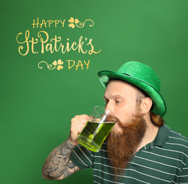 Image of Man drinking green beer on color background. St. Patrick's Day celebration