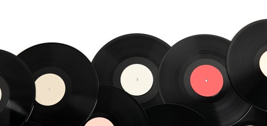 Photo of Vintage vinyl records on white background, top view