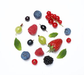 Photo of Mix of fresh berries on white background, flat lay