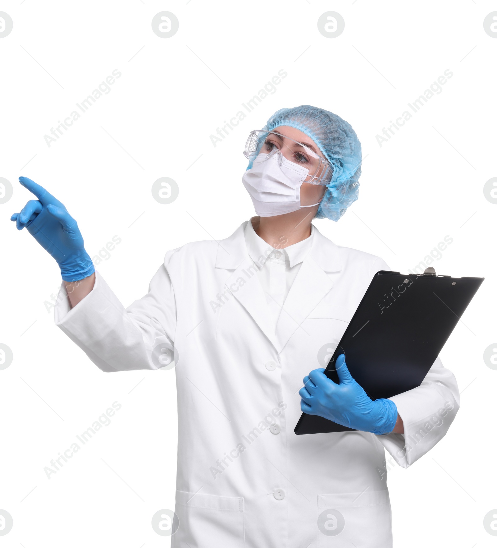 Photo of Quality control. Food inspector with clipboard on white background