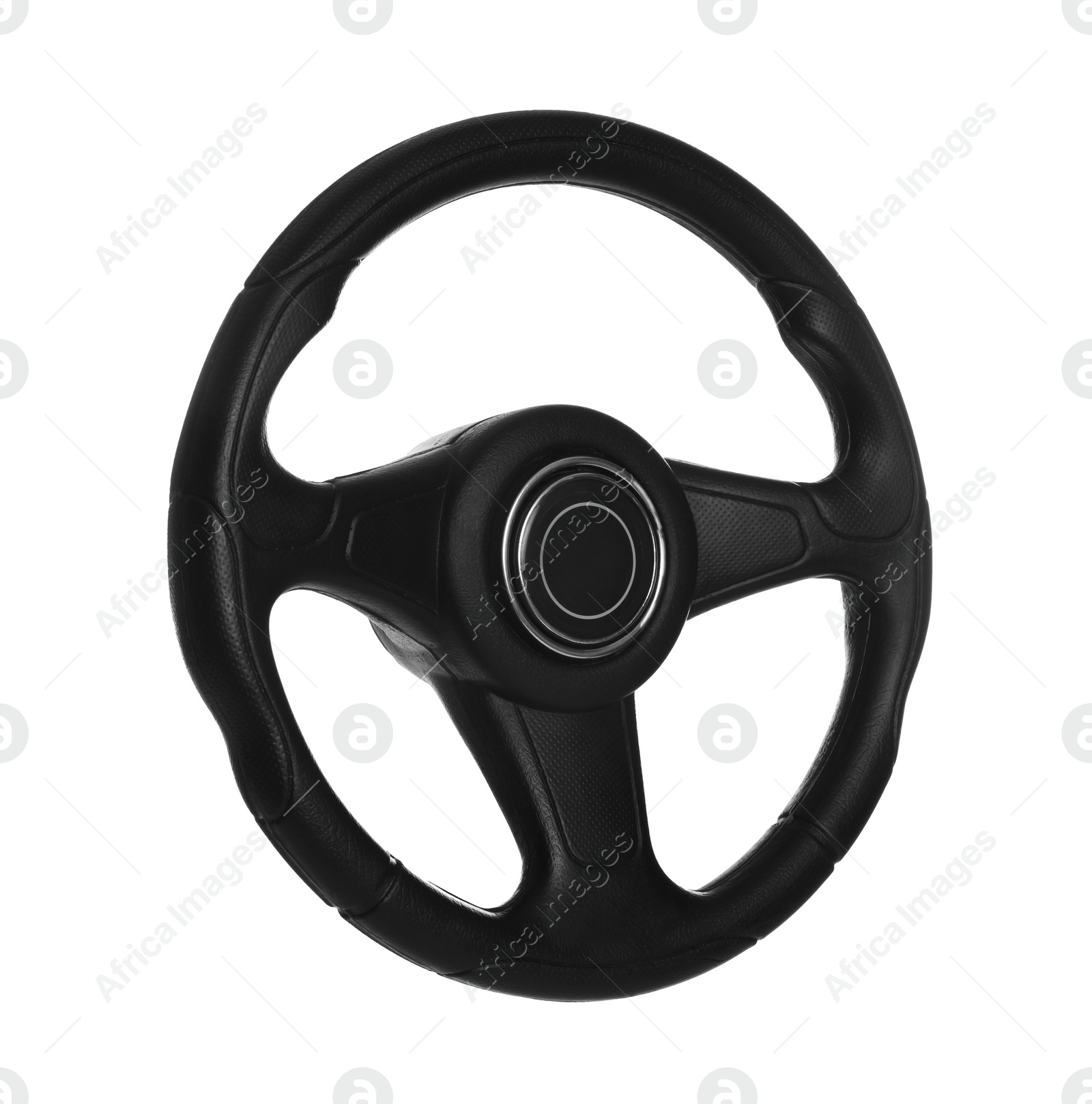 Photo of New black steering wheel isolated on white