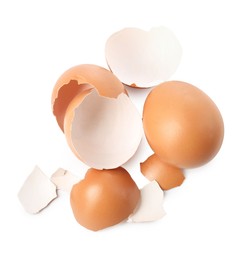 Photo of Chicken egg and pieces of shell isolated on white, top view