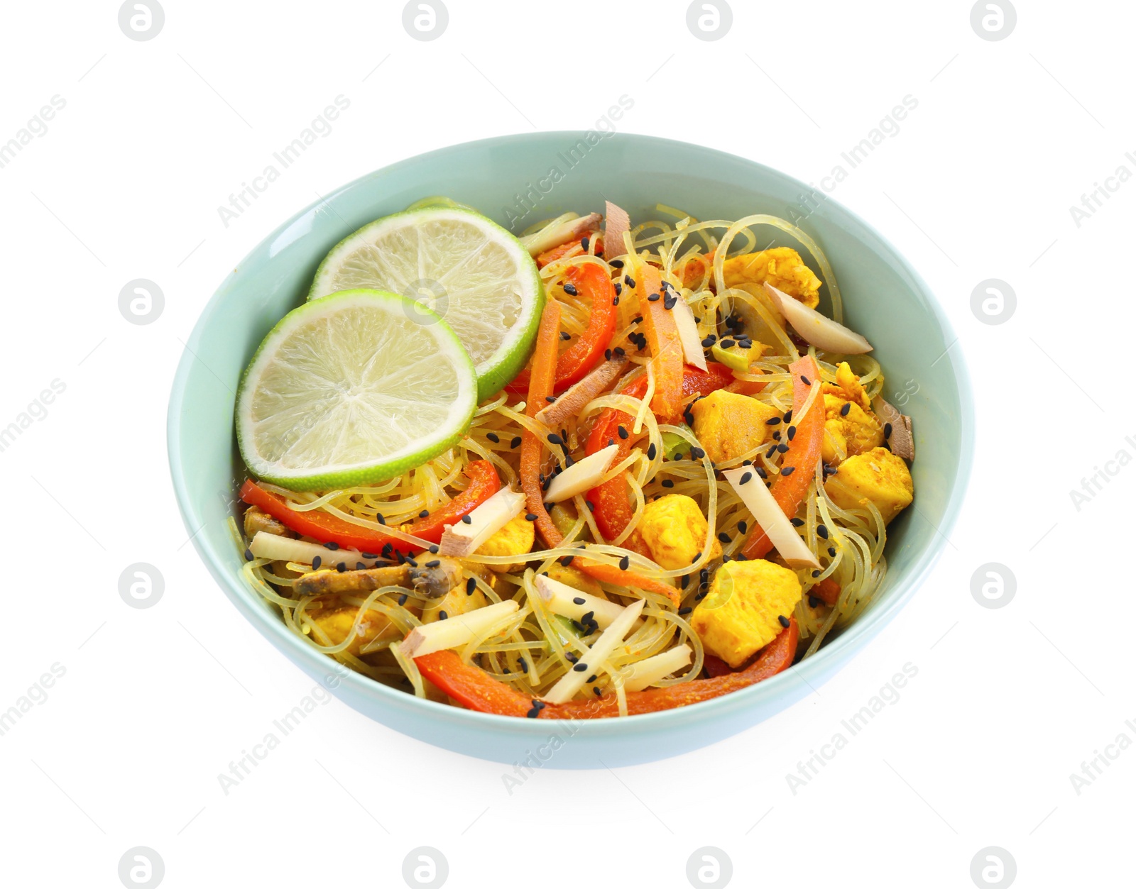 Photo of Stir-fry. Delicious cooked noodles with chicken and vegetables in bowl isolated on white