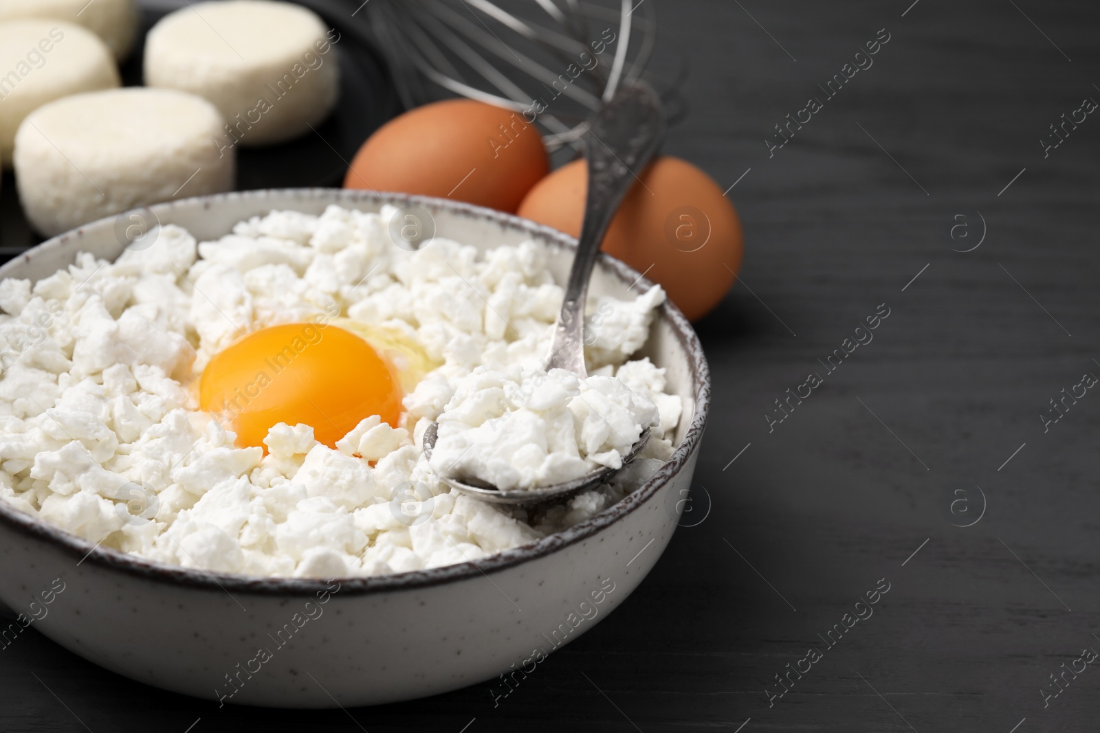 Photo of Different ingredients on grey table, space for text. Cooking cottage cheese pancakes