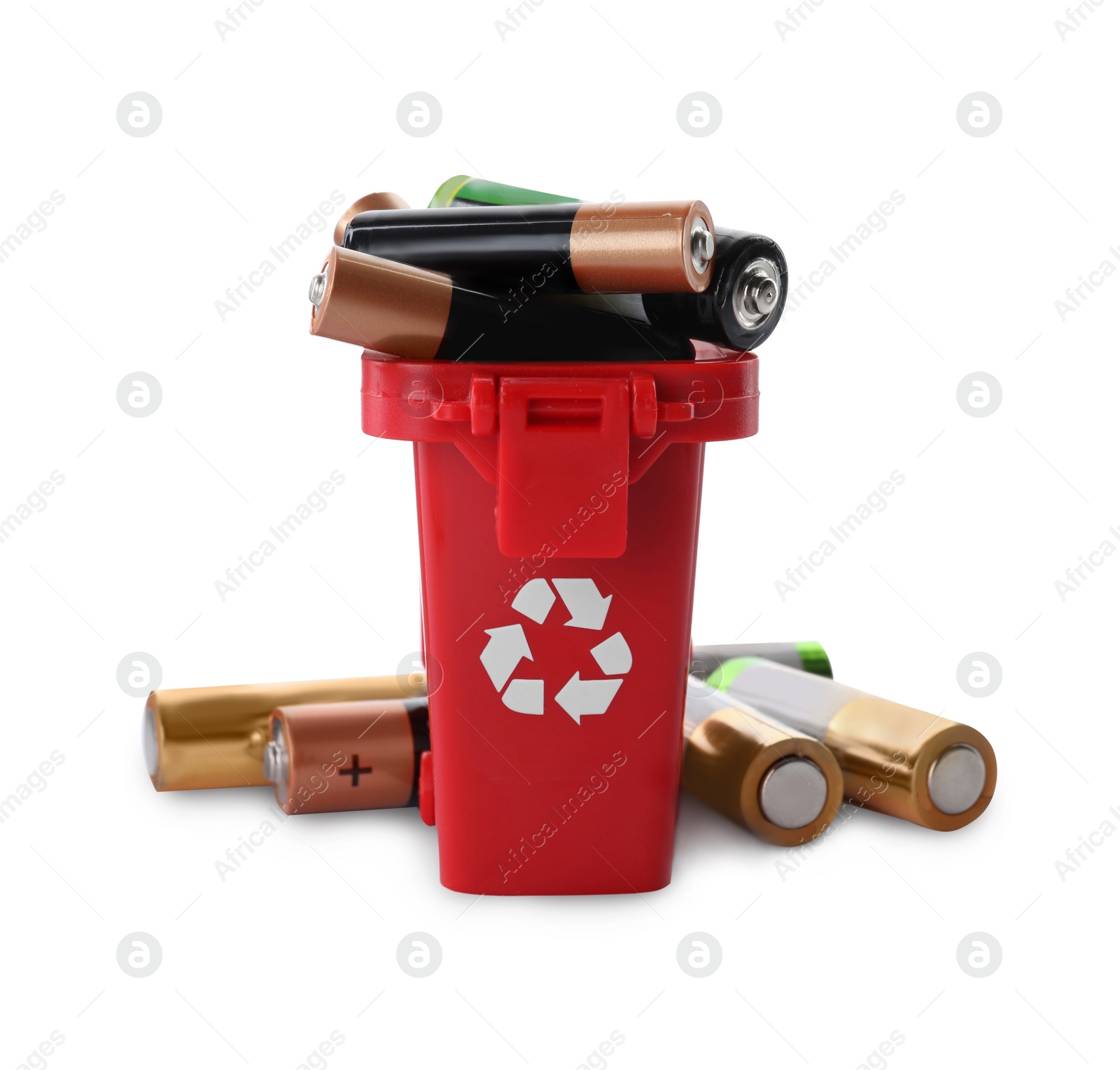 Image of Used batteries in recycling bin on white background