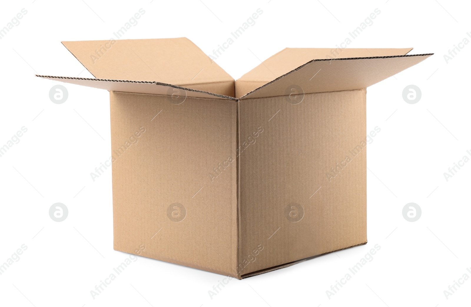 Photo of Open cardboard box on white background. Mockup for design