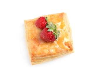 Fresh delicious puff pastry with sweet strawberries on white background, above view