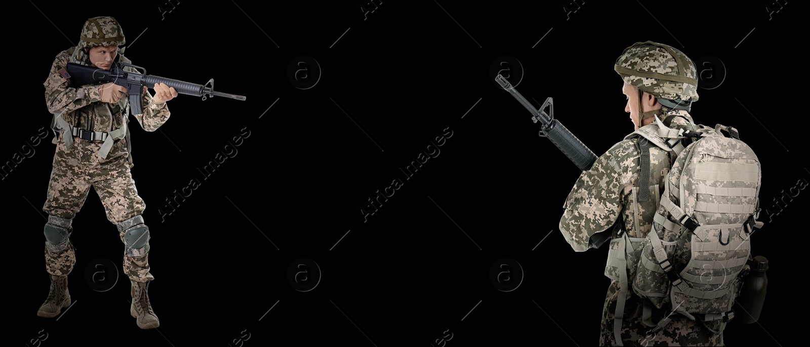 Image of Man in military uniform with machine gun on black background, banner design. Space for text 