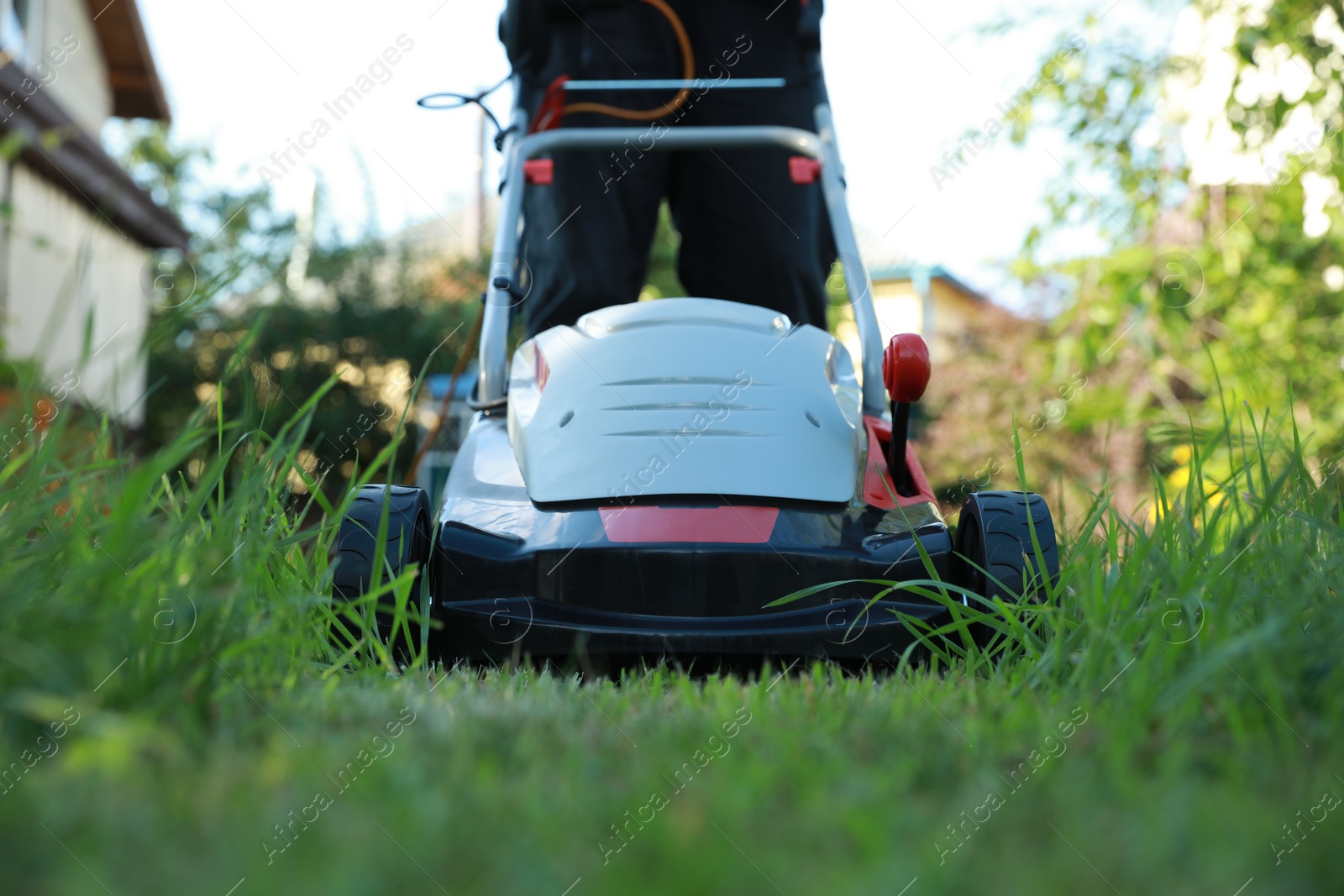 Photo of Man cutting grass with lawn mower in garden, closeup