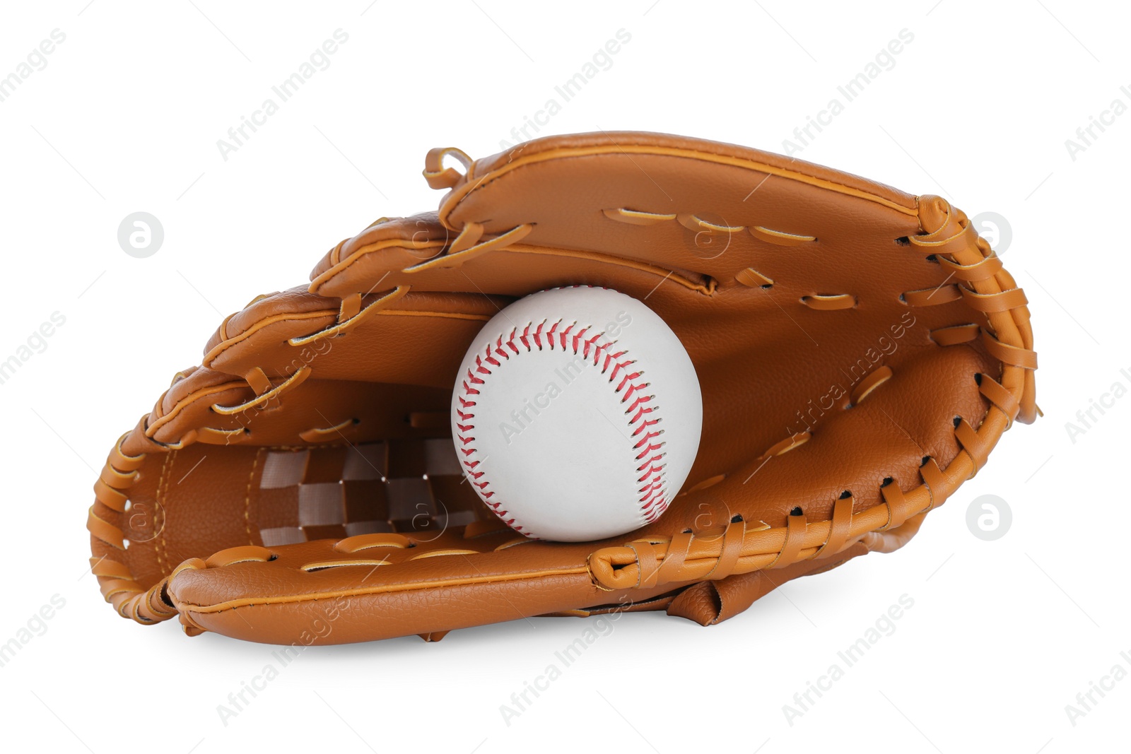 Photo of Leather baseball glove with ball isolated on white