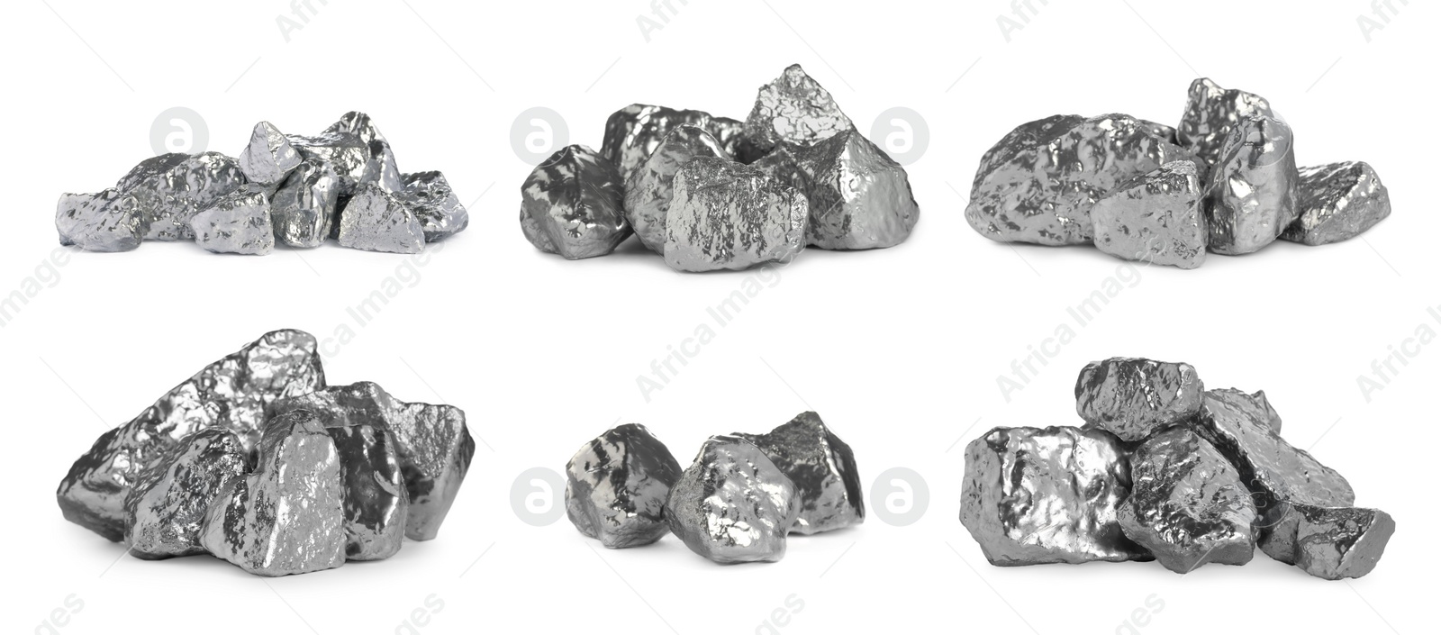 Image of Set of silver nuggets on white background