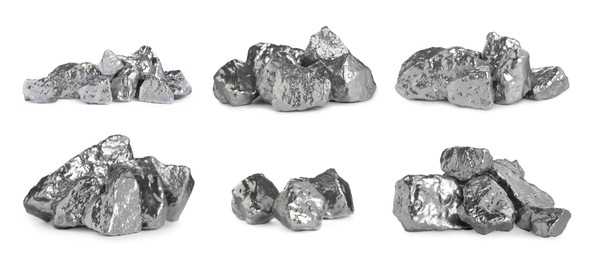 Image of Set of silver nuggets on white background