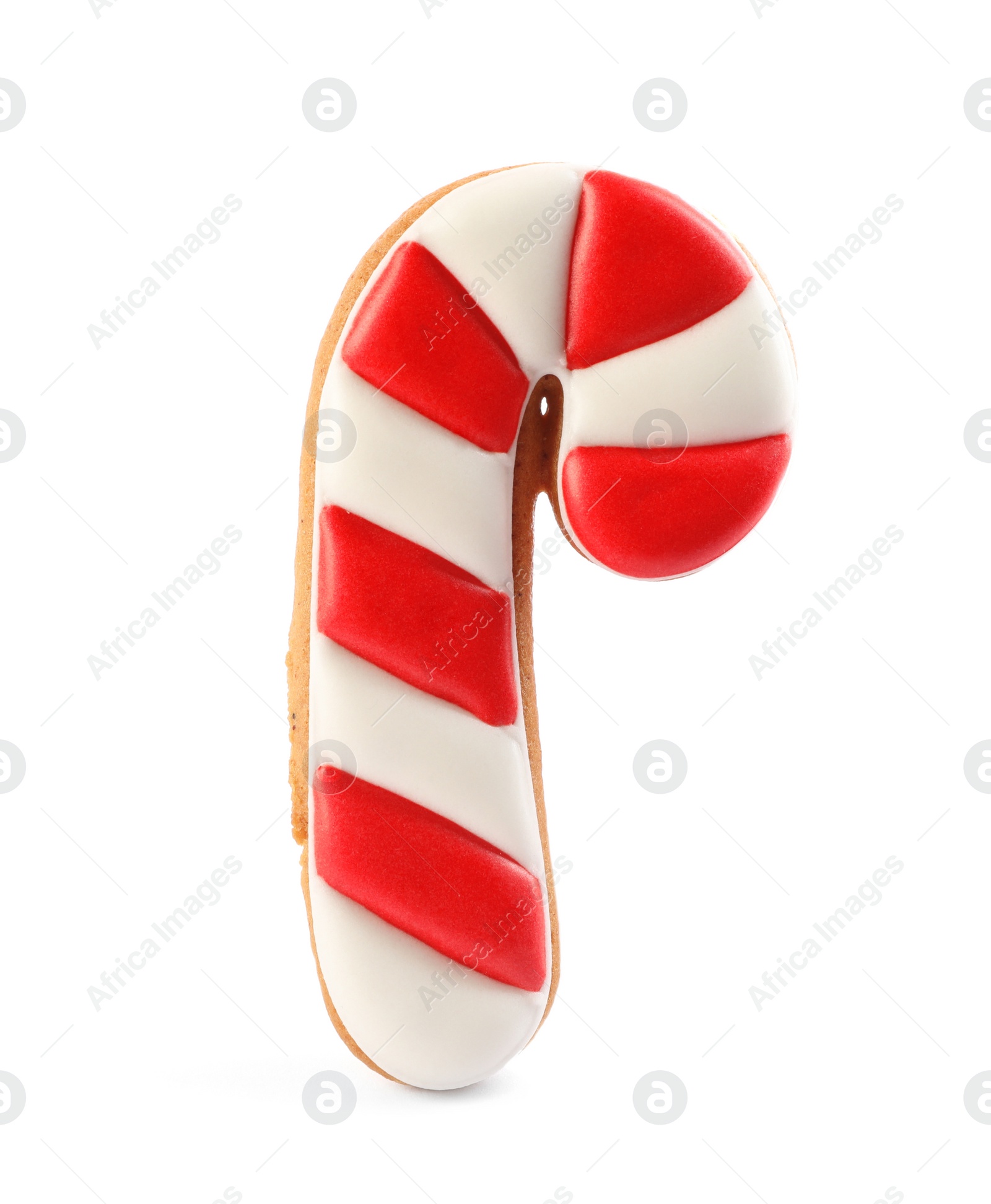 Photo of Candy cane shaped Christmas cookie isolated on white