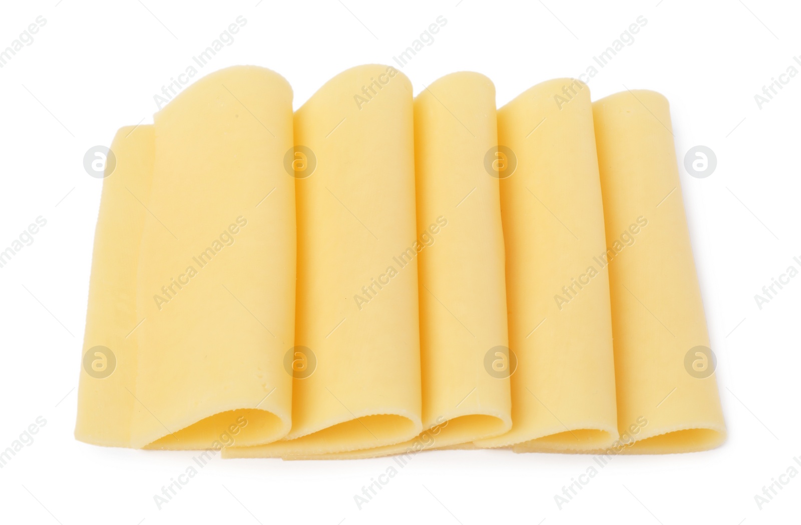 Photo of Slices of tasty fresh cheese isolated on white, above view