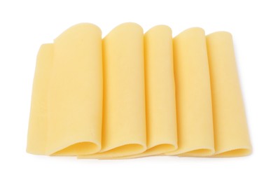 Photo of Slices of tasty fresh cheese isolated on white, above view