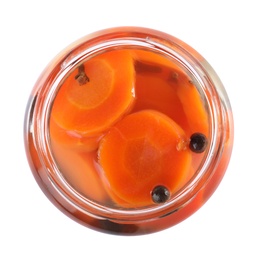 Open jar with pickled sliced carrot on white background, top view