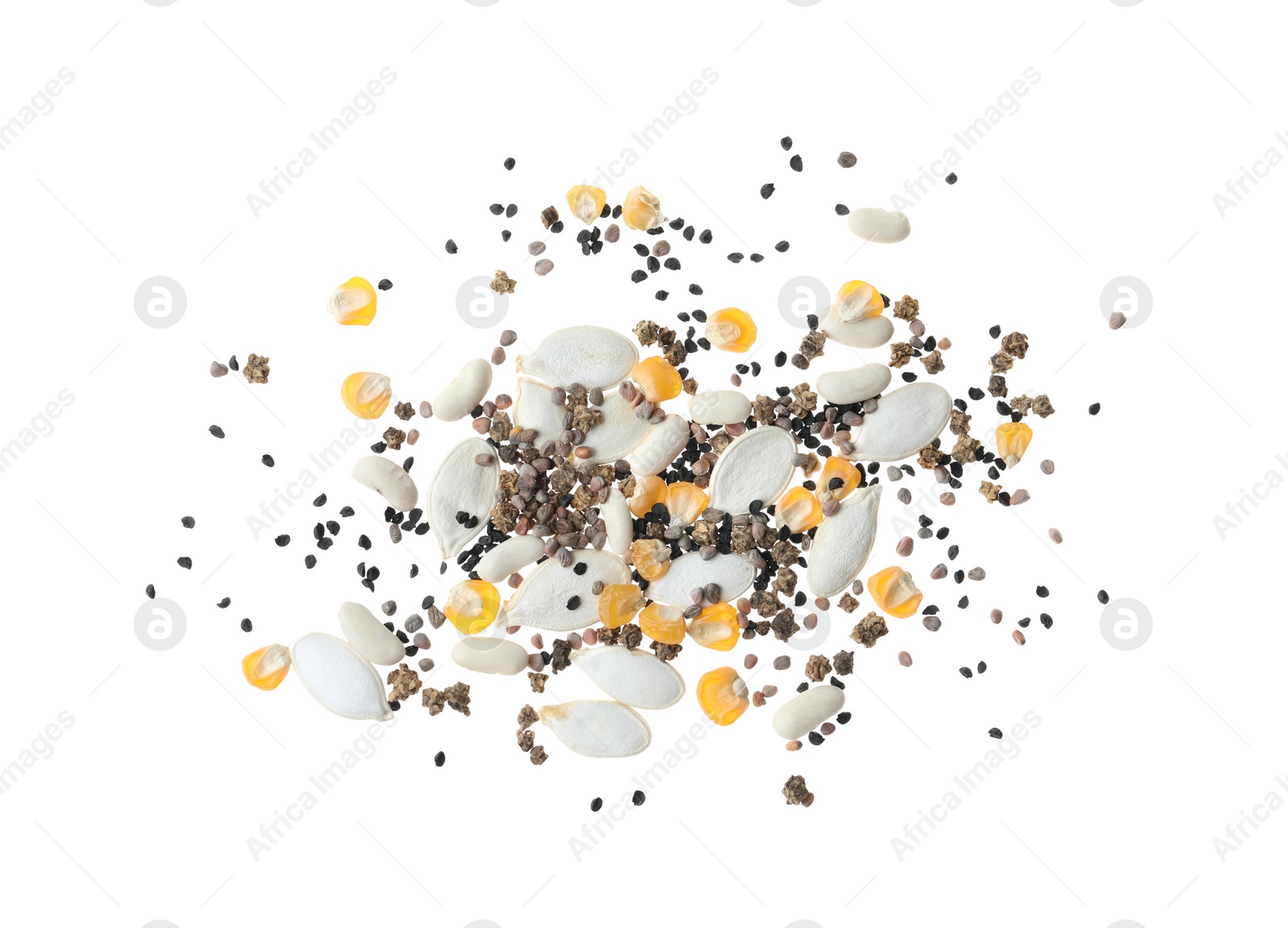 Photo of Mix of vegetable seeds on white background, top view