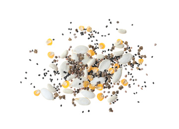 Photo of Mix of vegetable seeds on white background, top view