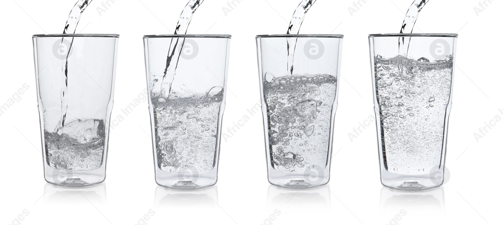 Image of Pouring soda water into glasses on white background, collage. Banner design