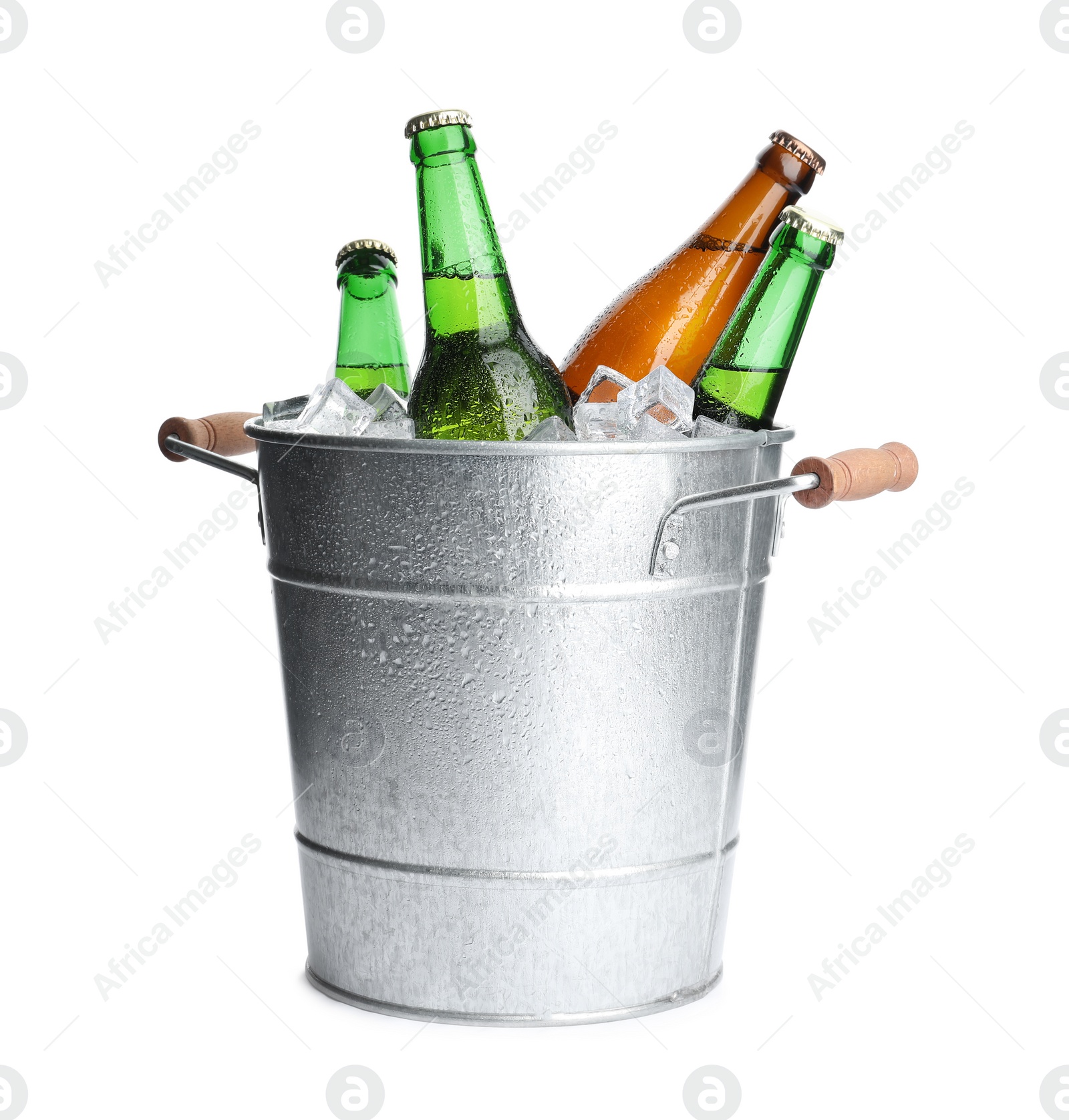 Photo of Metal bucket with bottles of beer and ice cubes isolated on white