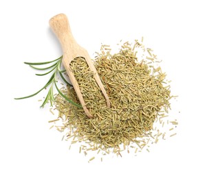 Photo of Scoop with fresh and dry rosemary isolated on white, top view