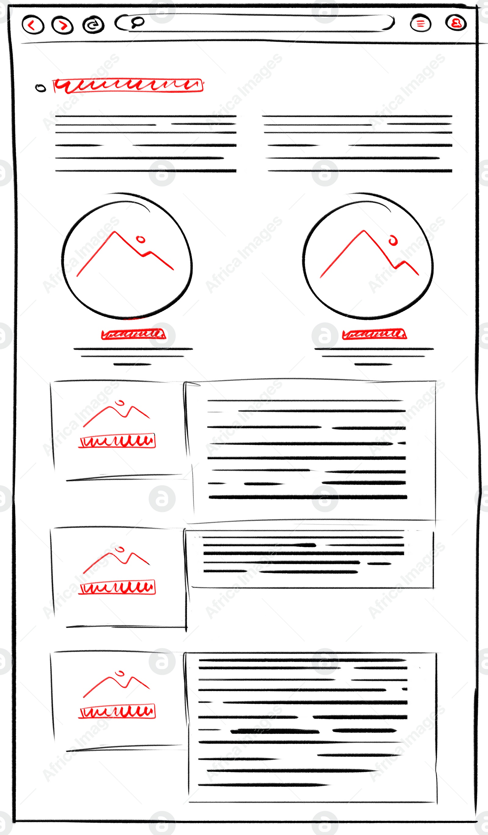 Image of Website design template. Wireframe with different elements on white background