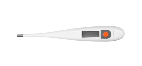 Photo of Digital thermometer on white background, top view. Medical treatment