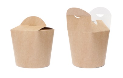 Image of Paper boxes on white background, collage. Container for food