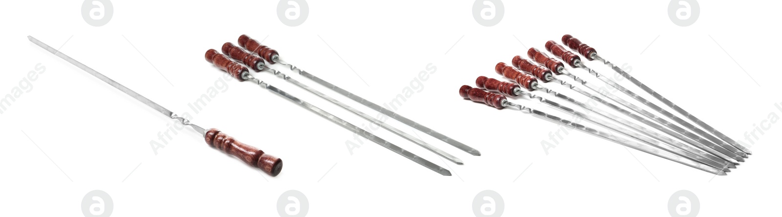 Image of Set with metal skewers on white background. Banner design