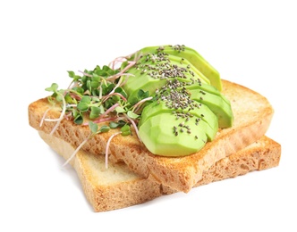 Photo of Tasty toasts with avocado, sprouts and chia seeds on white background